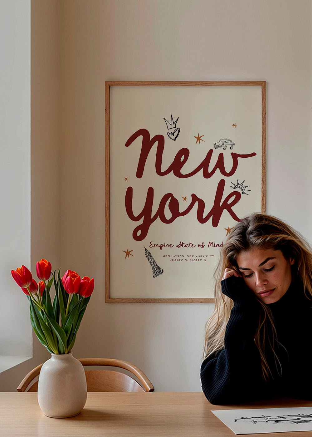 Poster de viagem New York com lettering burdeos
