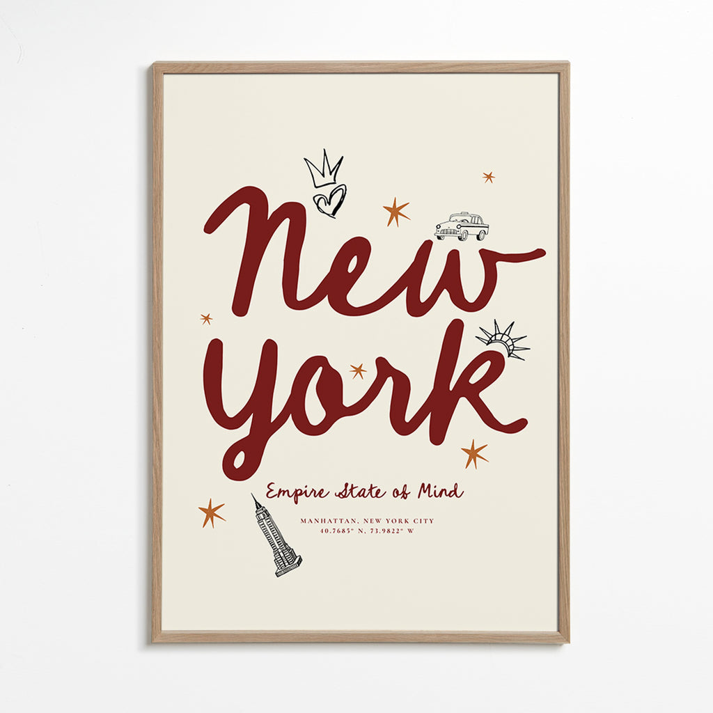 Poster de viagem New York com lettering burdeos