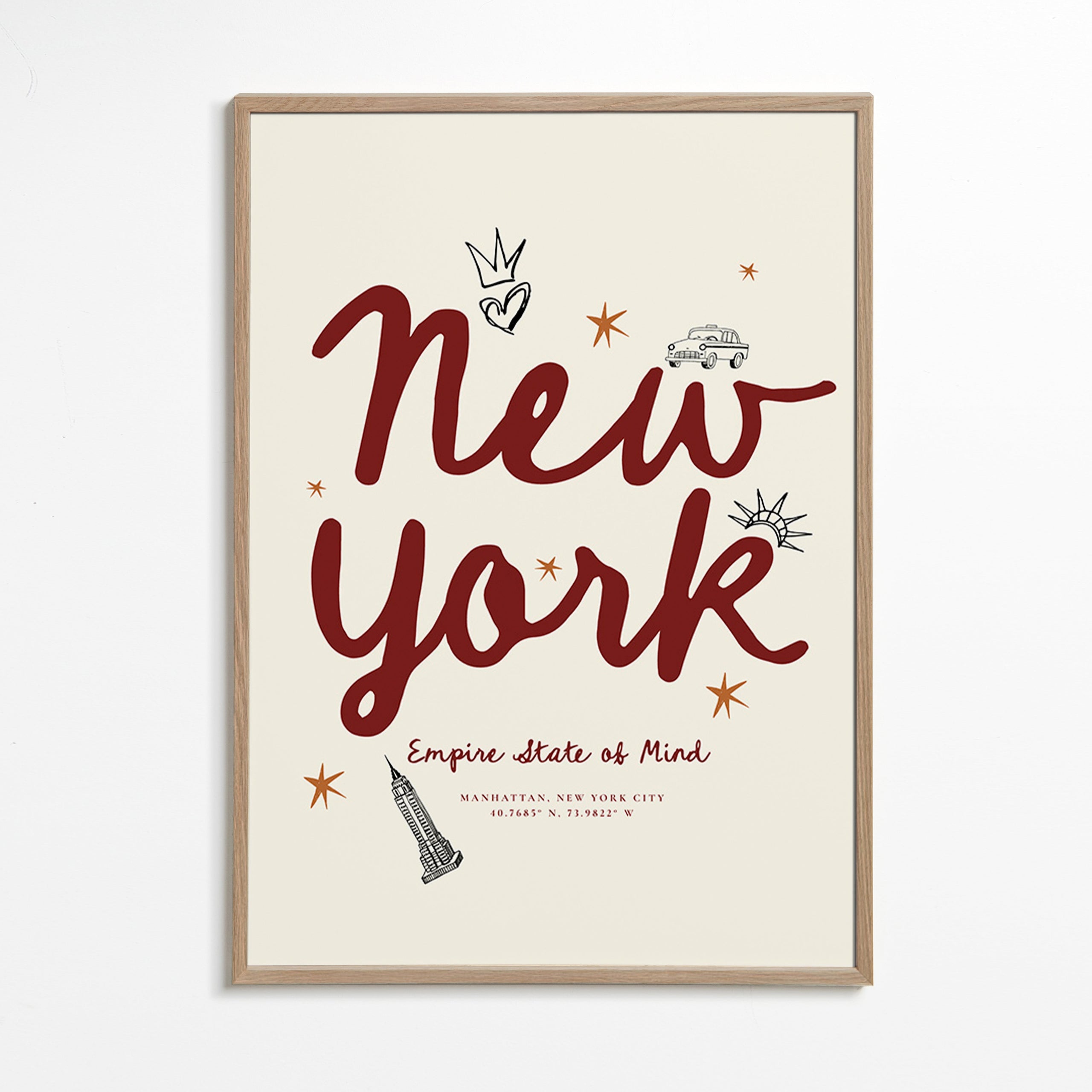 Poster de viagem New York com lettering burdeos