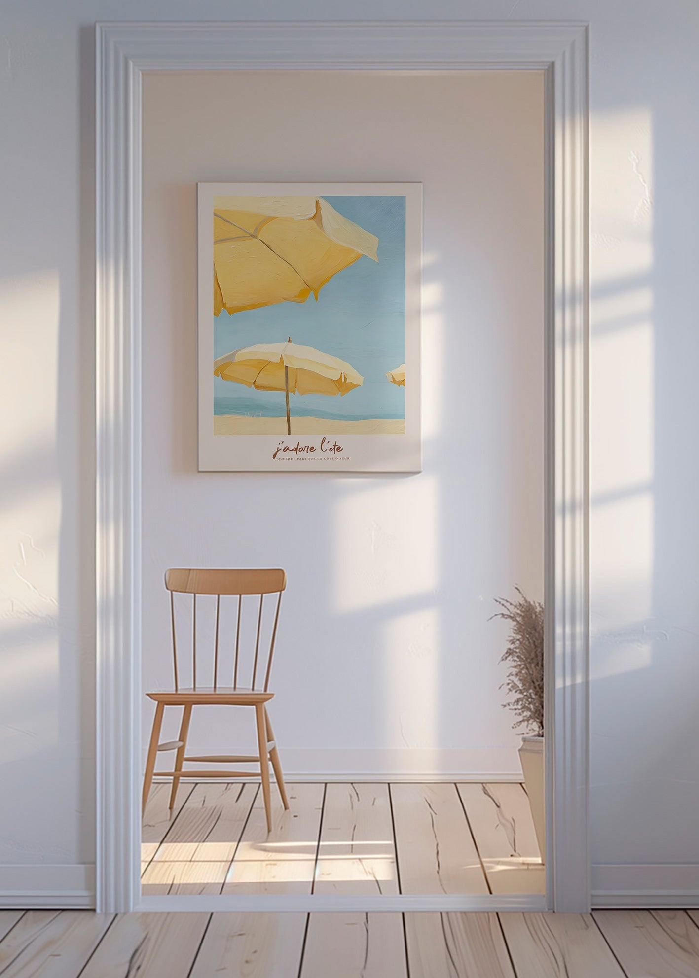Quadro de paisagem com guarda-sóis amarelos