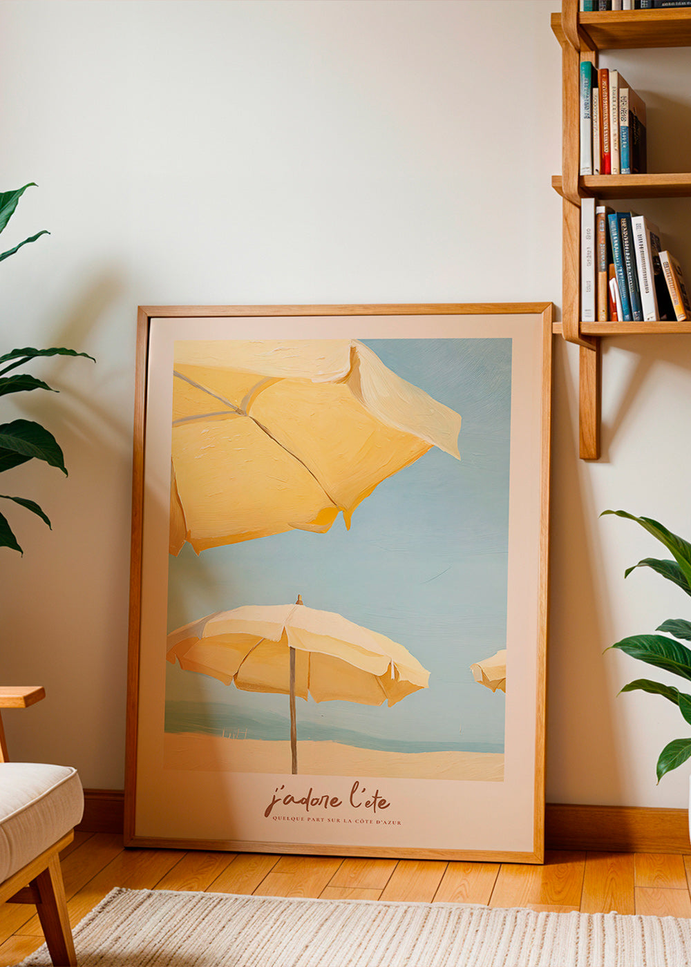 Quadro de paisagem com guarda-sóis amarelos