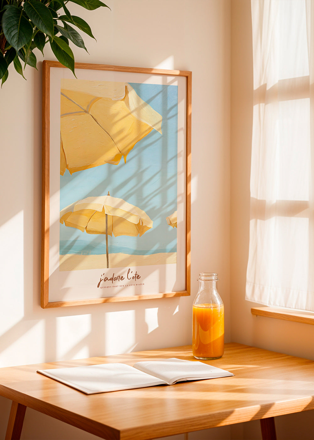 Quadro de paisagem com guarda-sóis amarelos
