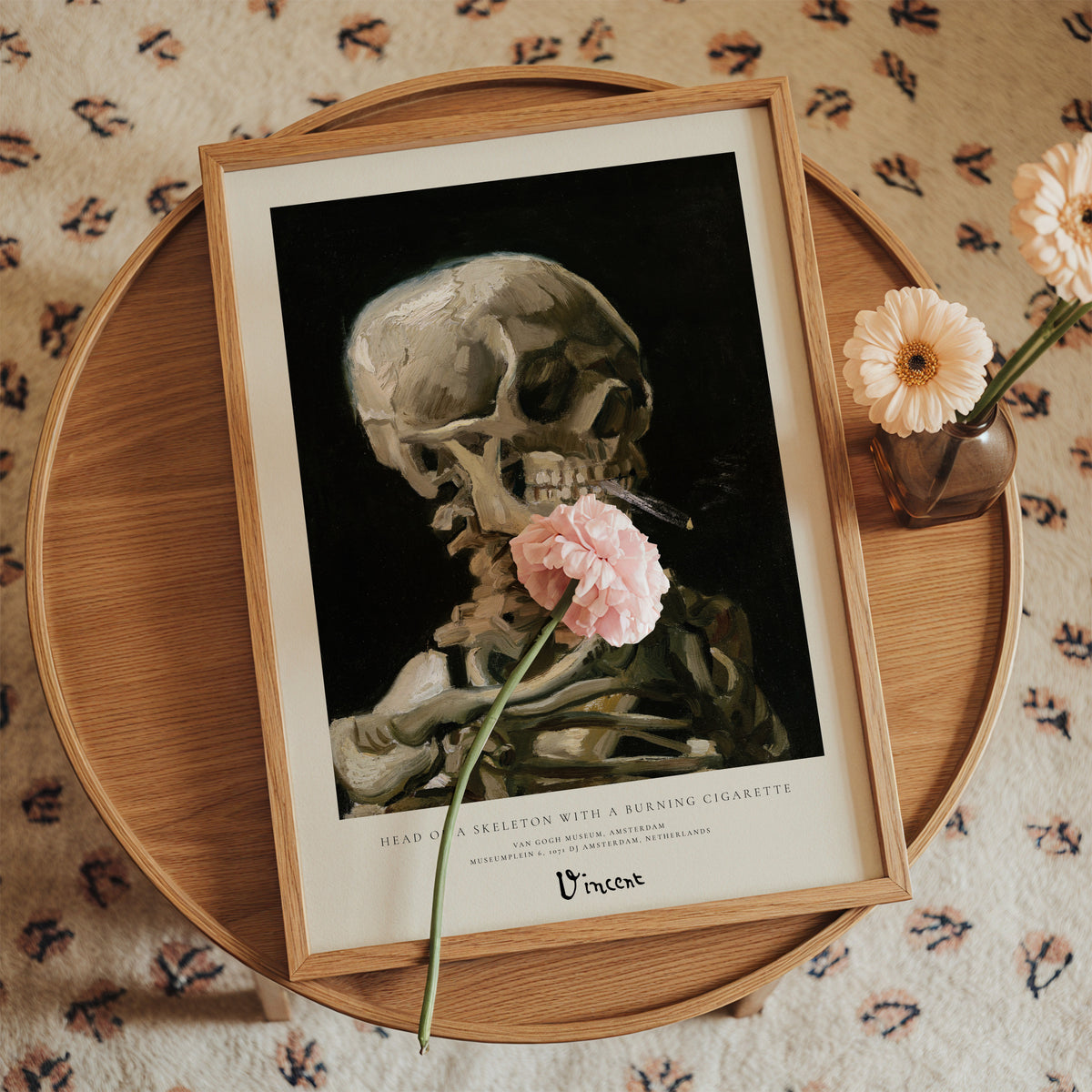Vicent Van Gogh - Head of a skeleton with a burning cigarette - Framed poster in an interior