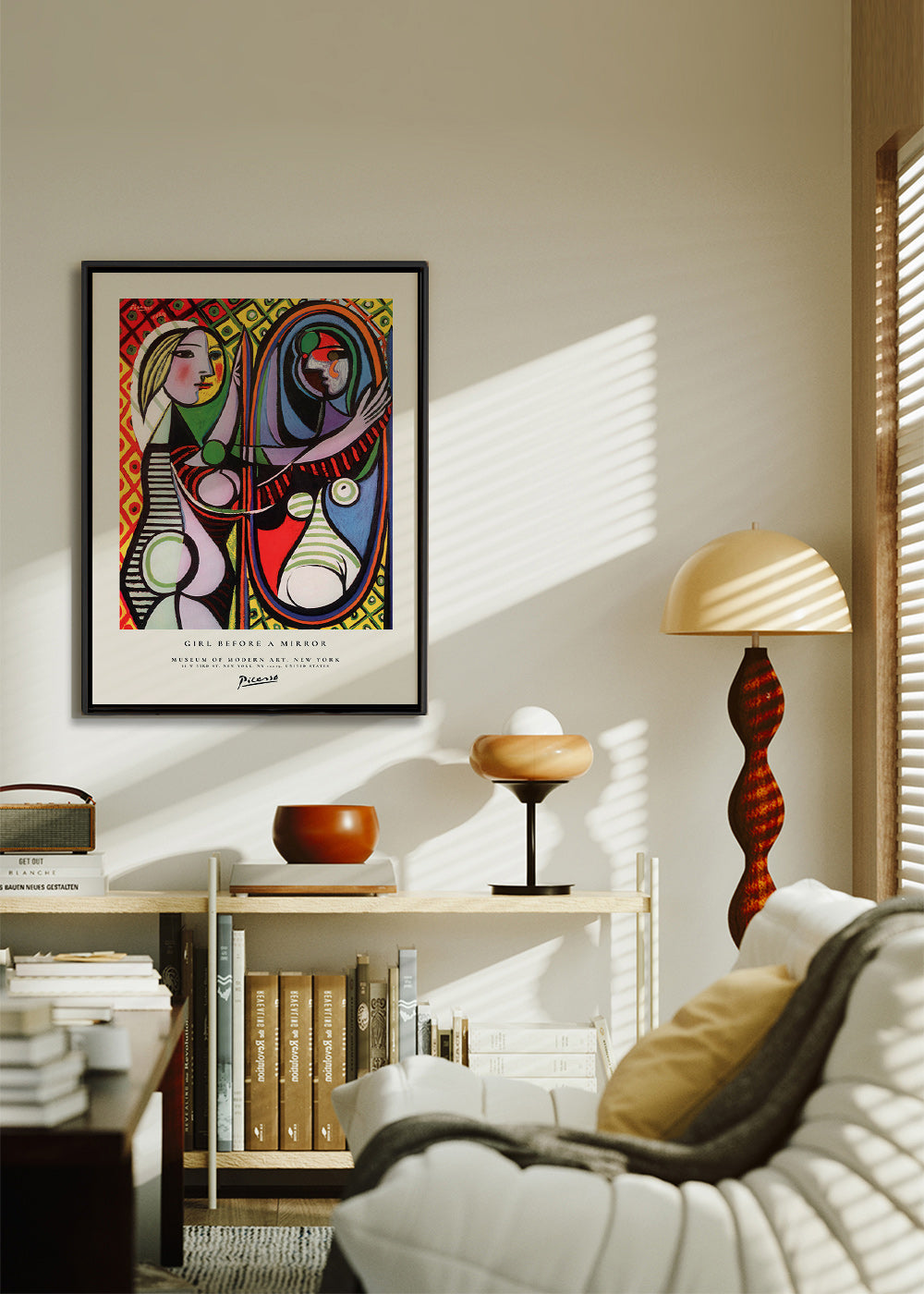 Quadro abstrato com figura diante de um espelho