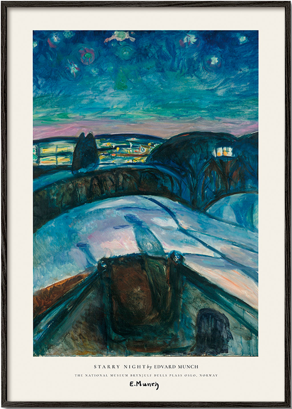 Quadro paisagístico céu estrelado e colinas nevadas