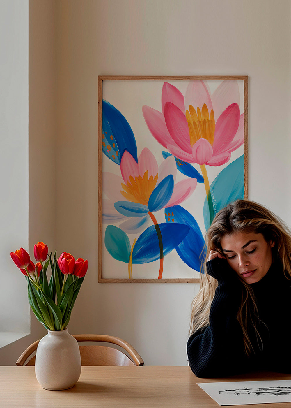 Estampa botânica flores rosa e azuis
