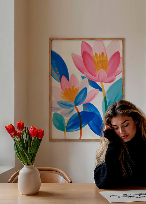 Estampa botânica flores rosa e azuis