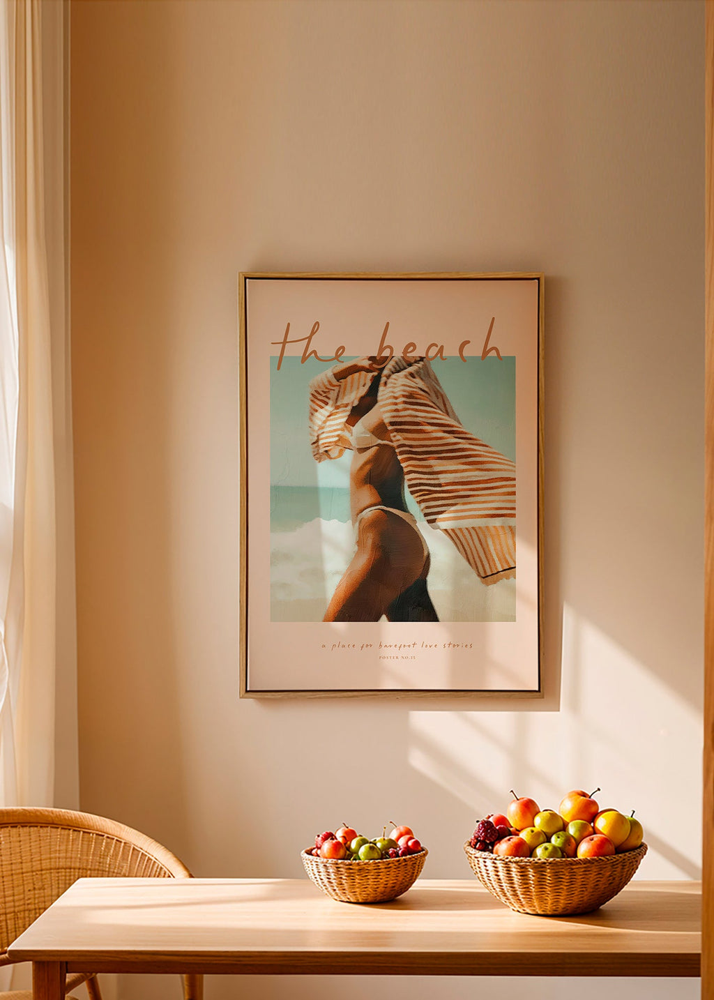 Quadro paisagem com figura na praia e toalha às riscas