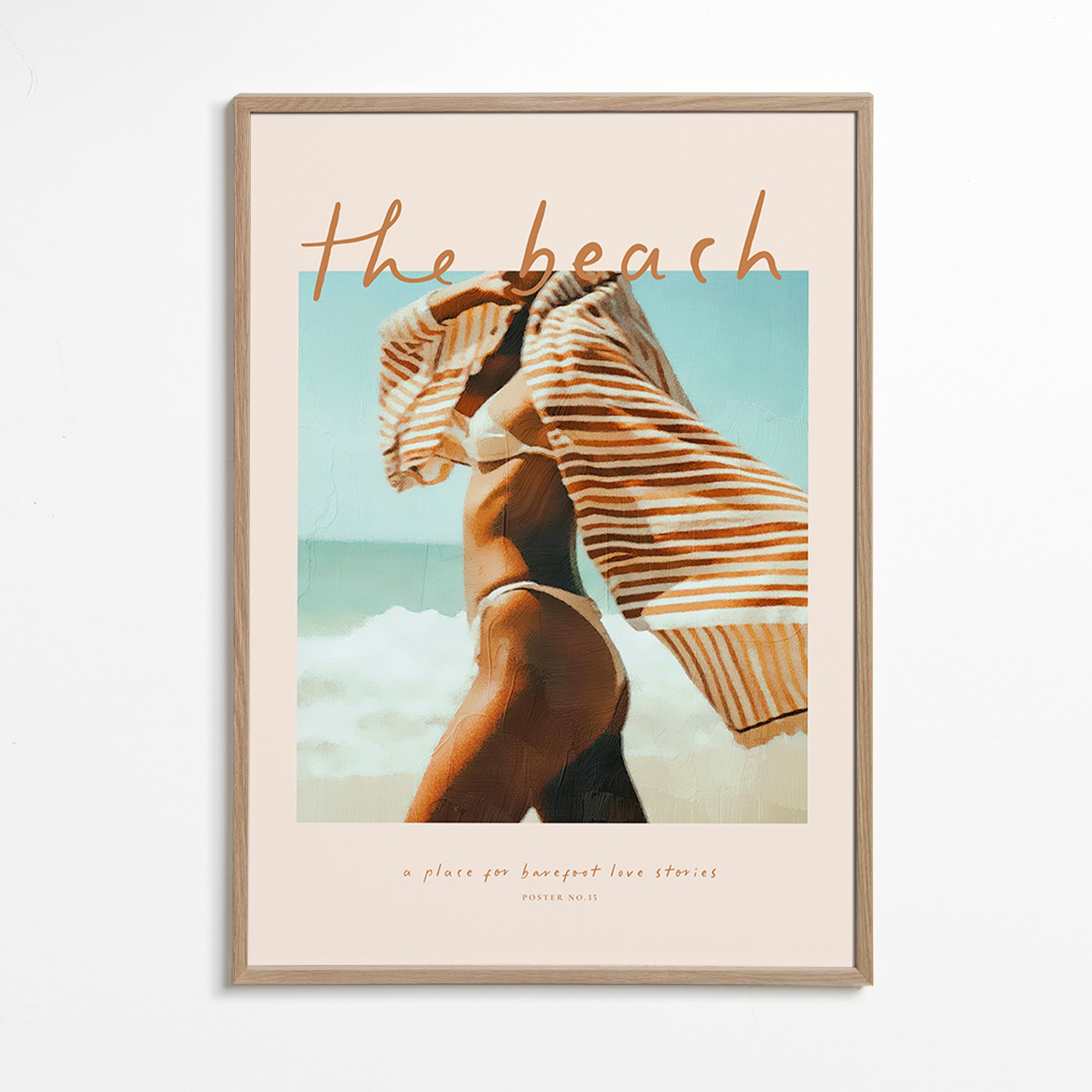 Quadro paisagem com figura na praia e toalha às riscas