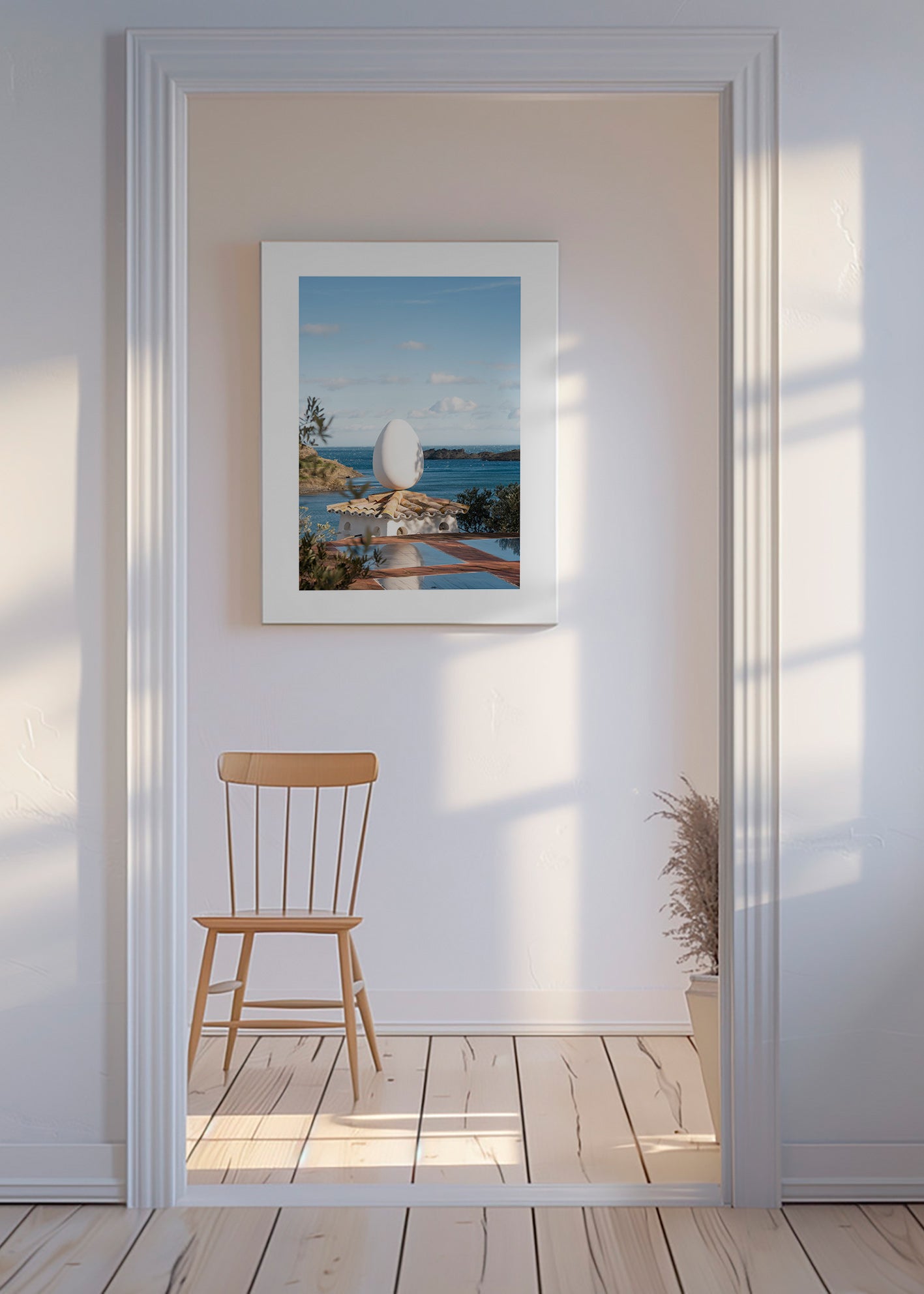Arte para paisagem com ovo escultórico na costa
