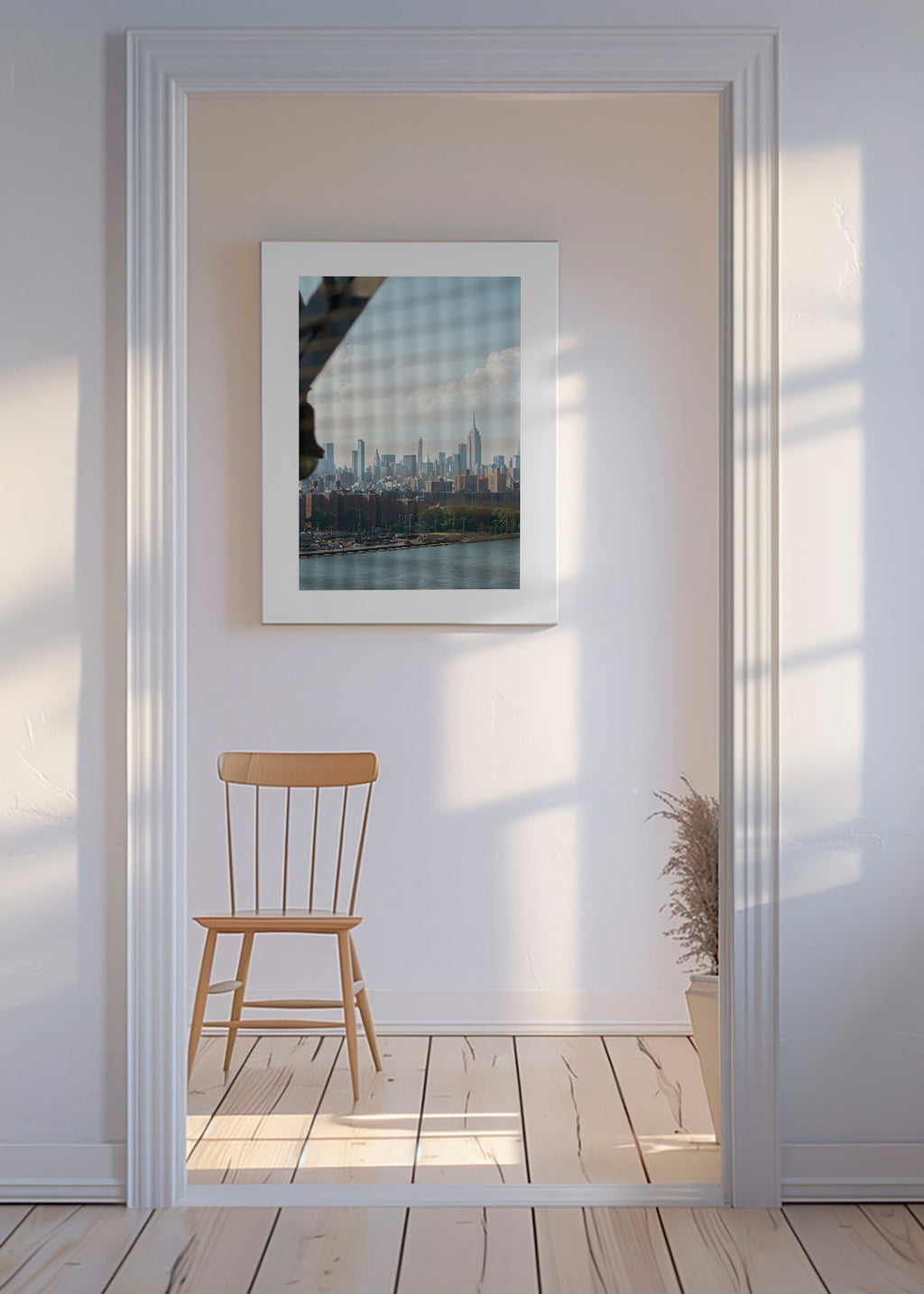 Quadro de cidades com skyline pela janela