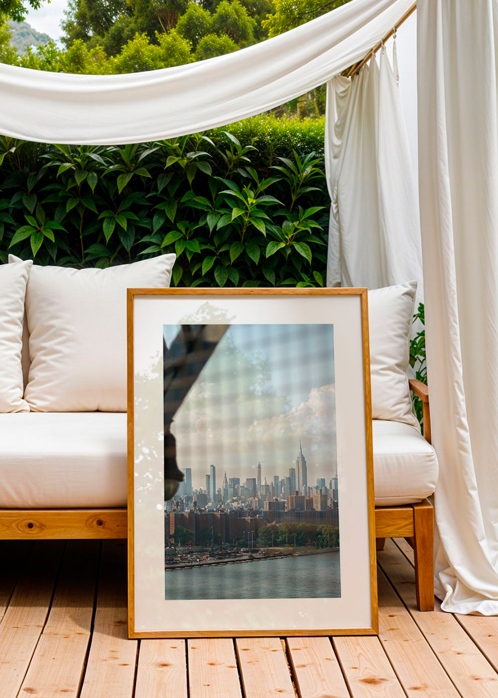 Quadro de cidades com skyline pela janela
