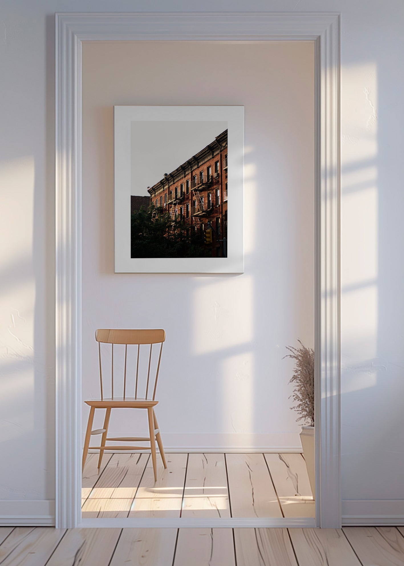 Quadro de cidades com fachadas de tijolo e escadas externas