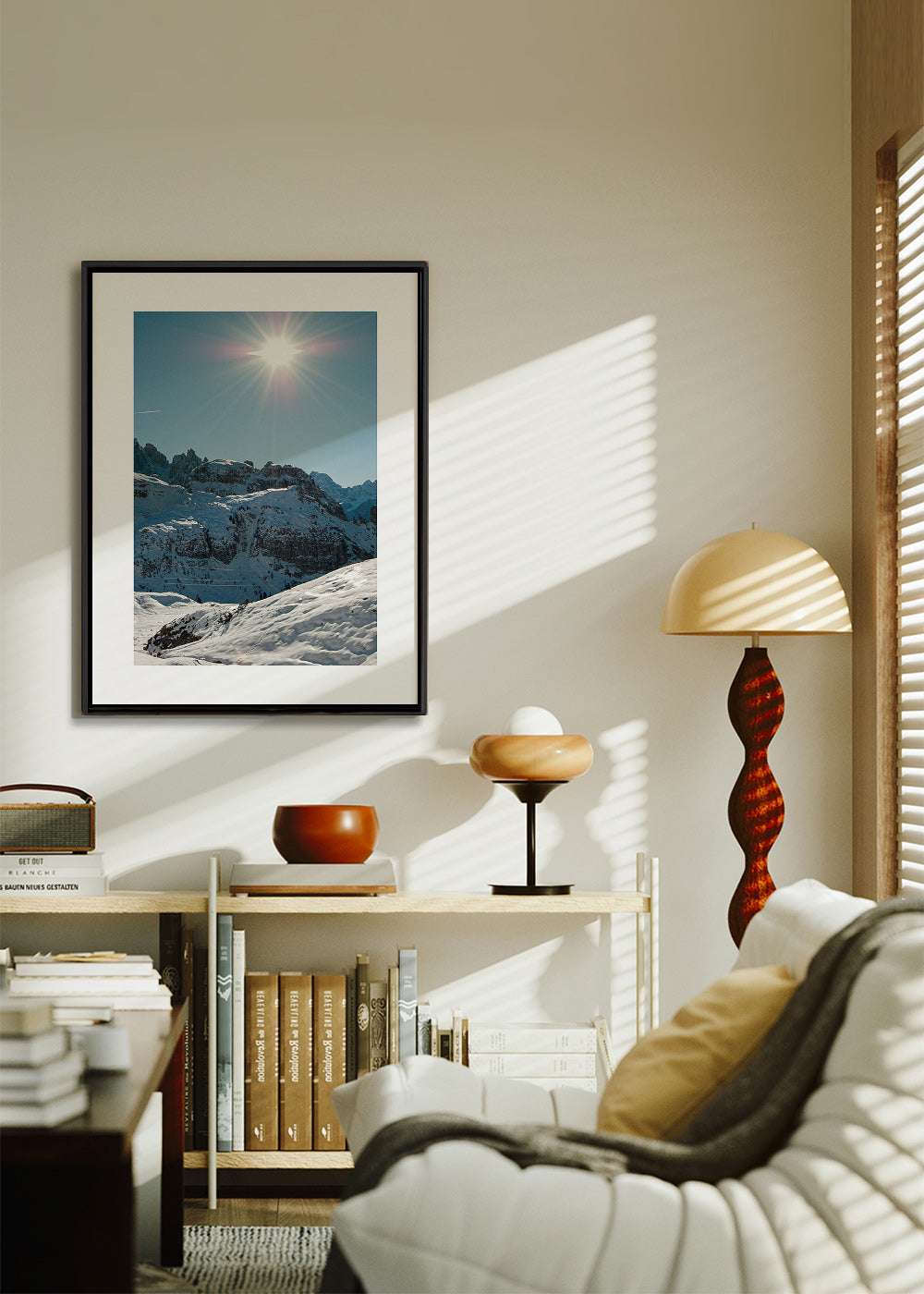Arte paisagística: picos nevados sob o sol