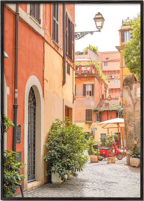 Arte para cozinha: rua de Trastevere com scooter vermelho – Black Frame