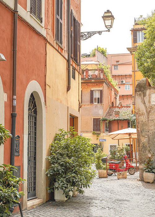 Arte para cozinha: rua de Trastevere com scooter vermelho