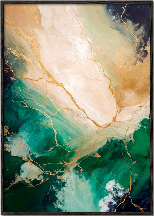 Quadro abstrato esmeralda e dourado com veias minerais – Black Frame