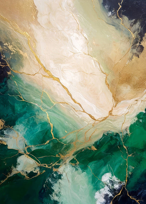 Quadro abstrato esmeralda e dourado com veias minerais