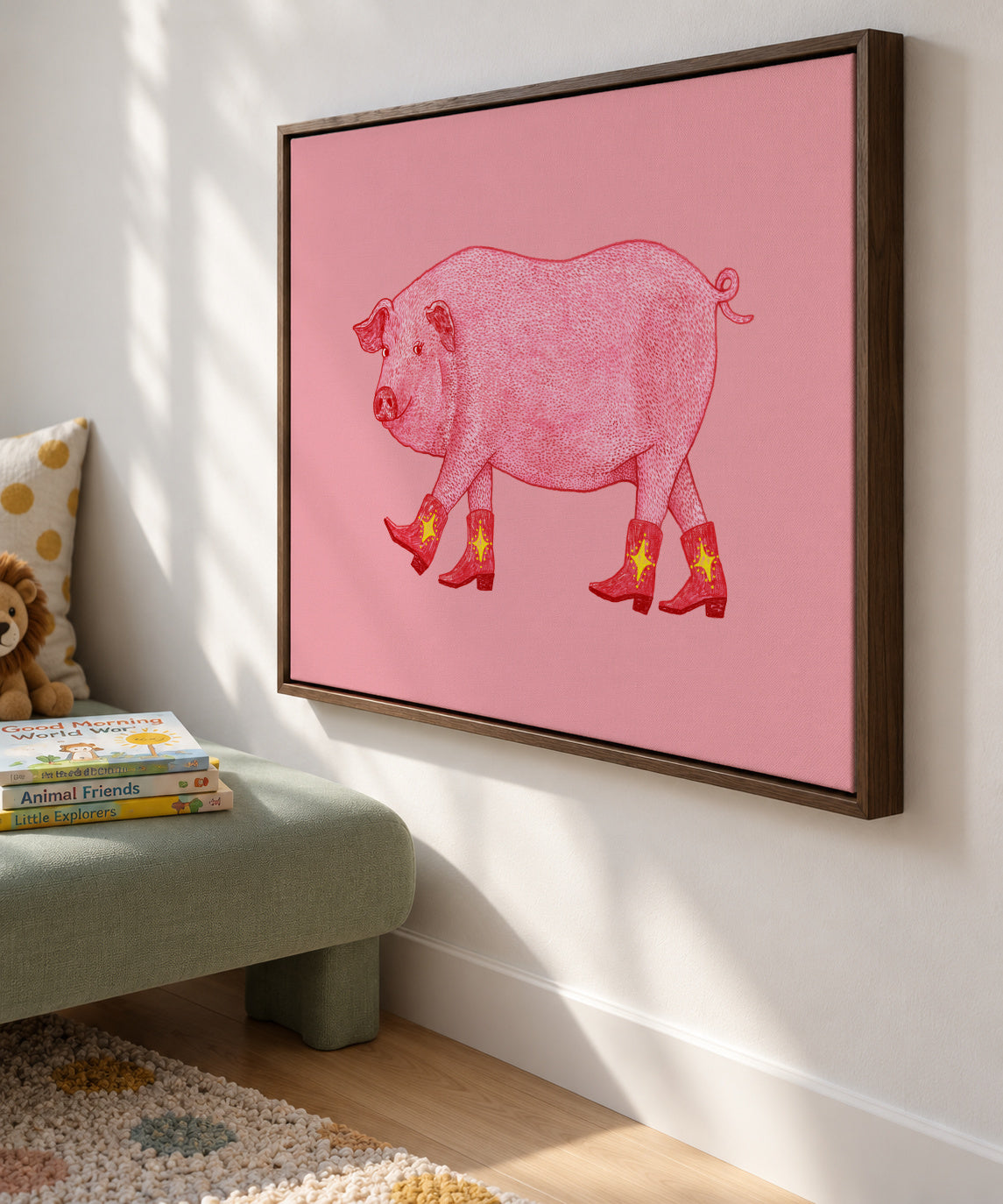 Marjorie the Cowgirl Pig - Framed canvas in an interior