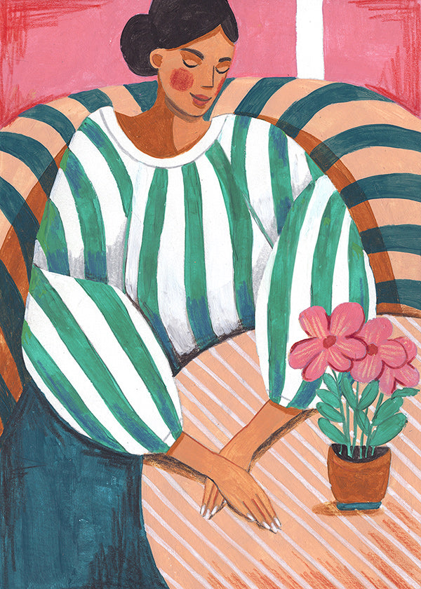 Ilustración de mujer en rayas con maceta