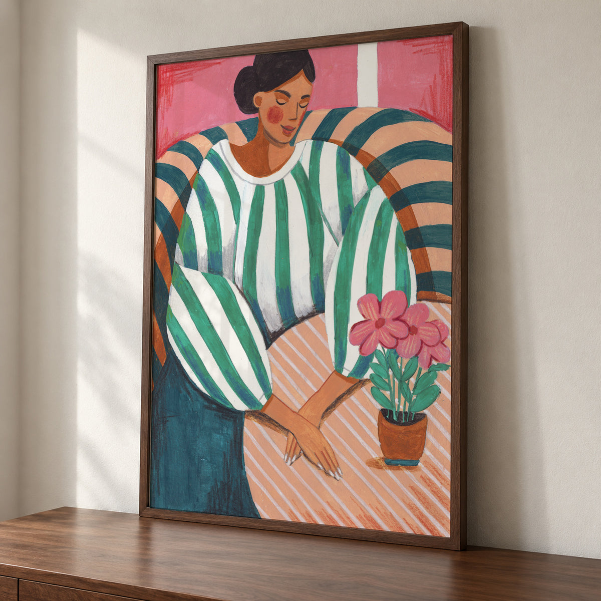 Woman in stripes in thought - Framed poster detail