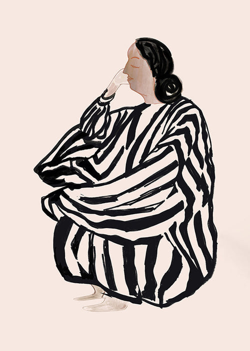 Ilustração de mulher sentada com riscas marcantes