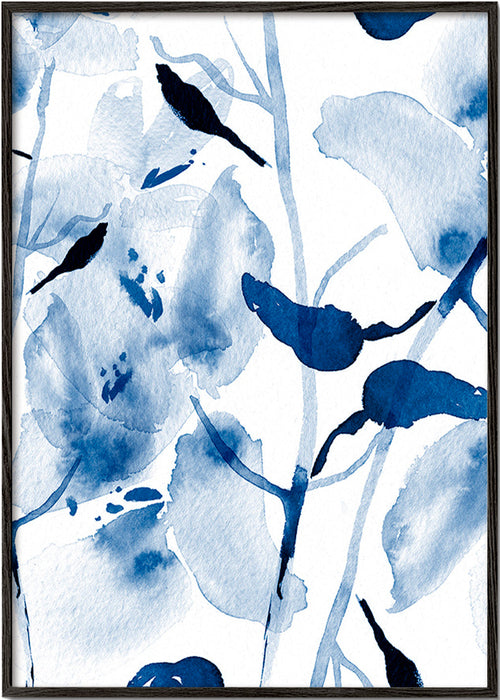Estampa botânica em aquarela azul com pássaros – Black Frame