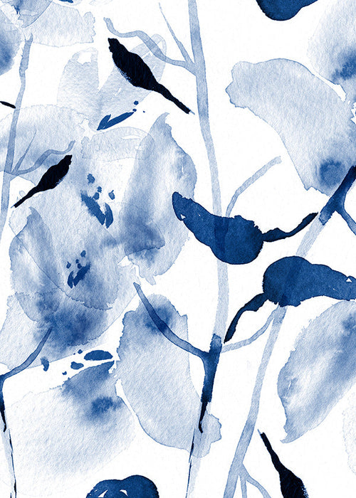 Estampa botânica em aquarela azul com pássaros