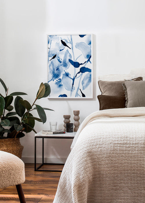 Estampa botânica em aquarela azul com pássaros – Product1