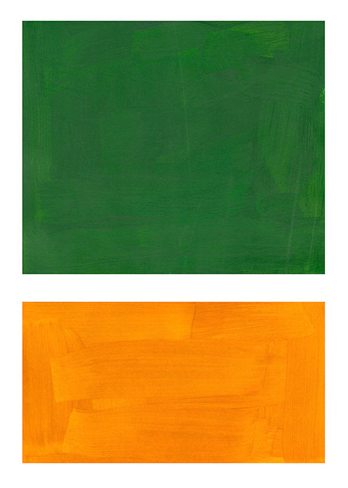 Obra abstrata com campos verde e laranja