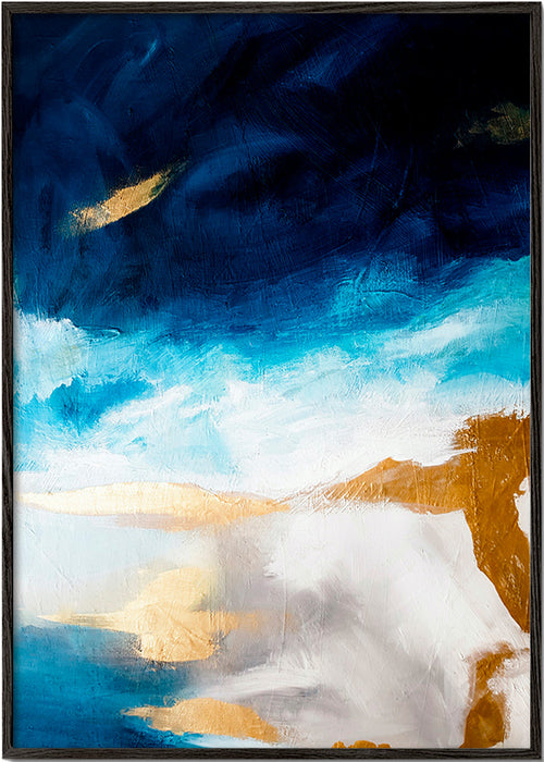 Obra abstrata azul e dourada em textura – Black Frame
