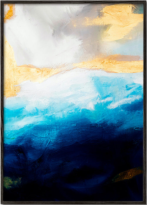 Quadro abstrato mar azul com toques dourados – Black Frame