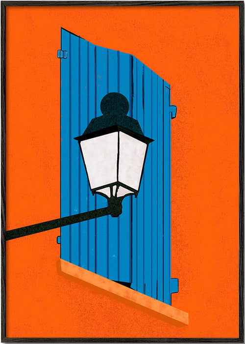Ilustração de persiana azul e lampião – Black Frame