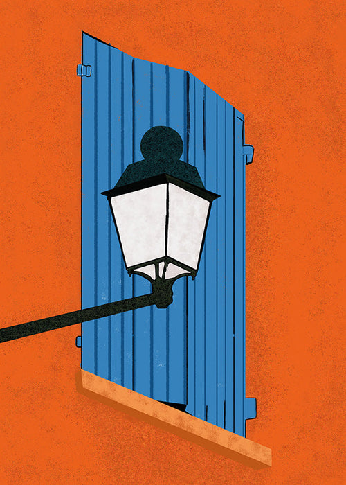 Ilustração de persiana azul e lampião