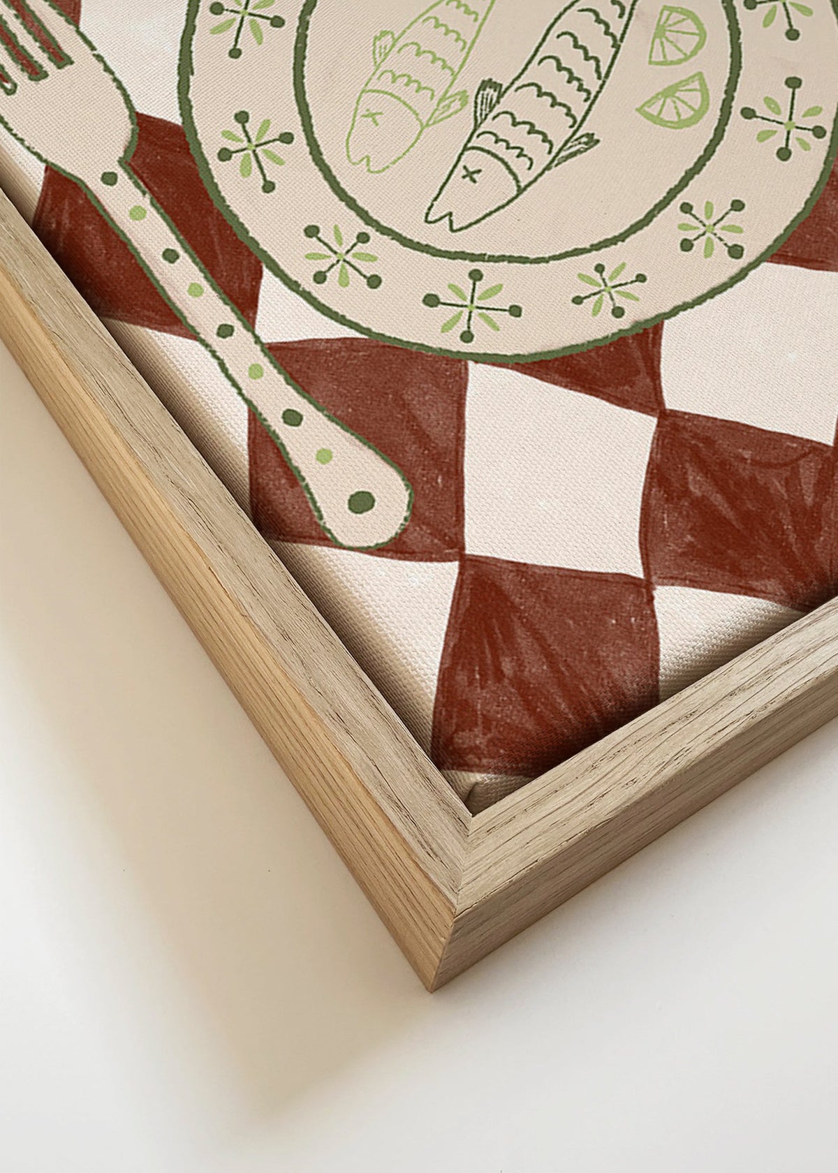 Arte para cozinha: prato de peixe em toalha losango – Canvas detail