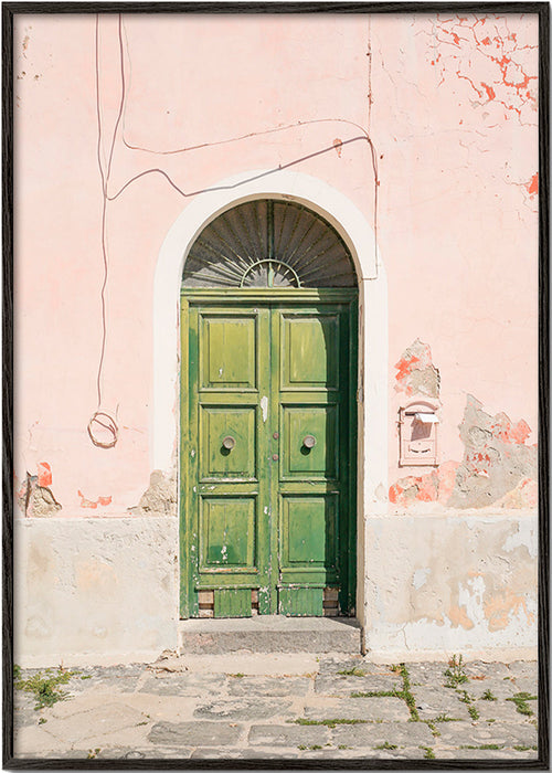Arte para cozinha urbana: porta verde fachada rosa – Black Frame