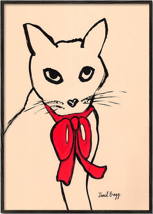 Quadro gato com laço vermelho e traço solto – Black Frame