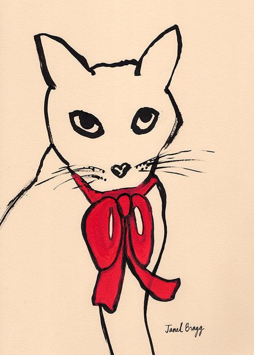 Quadro gato com laço vermelho e traço solto