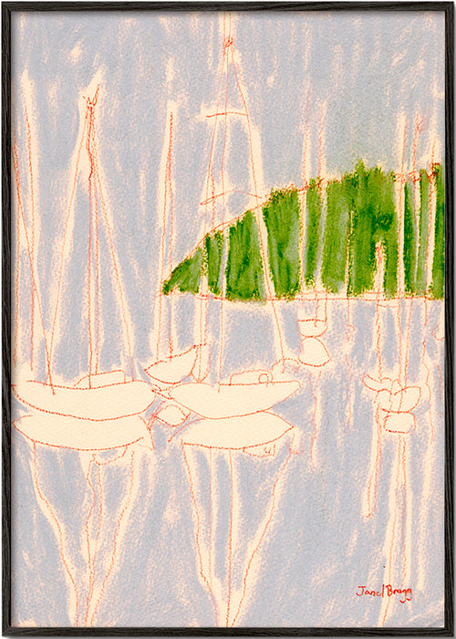 Arte de paisagem com veleiros e colina verde – Black Frame