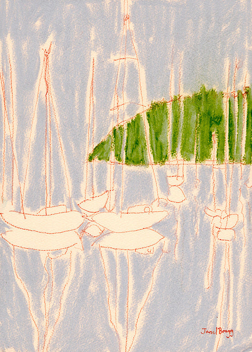 Arte de paisagem com veleiros e colina verde