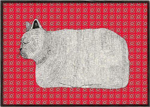 Gato em perfil sobre padrão vermelho – Black Frame
