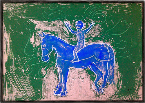 Quadro cavalo azul com cavaleiro – Black Frame