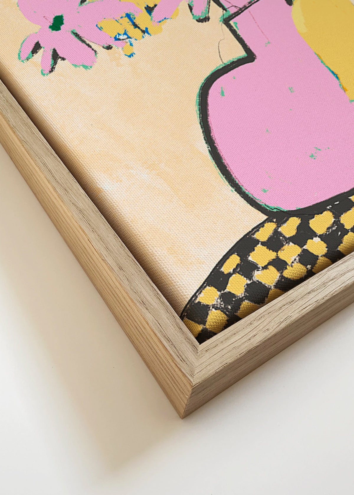 Estampa botânica com vaso rosa e flores – Canvas detail