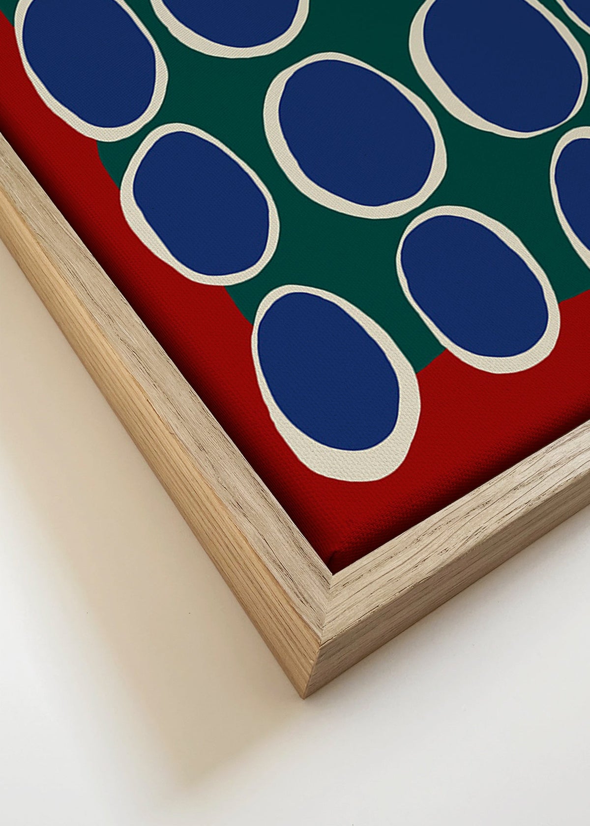 Quadro geométrico com ovais azuis e painel verde – Canvas detail