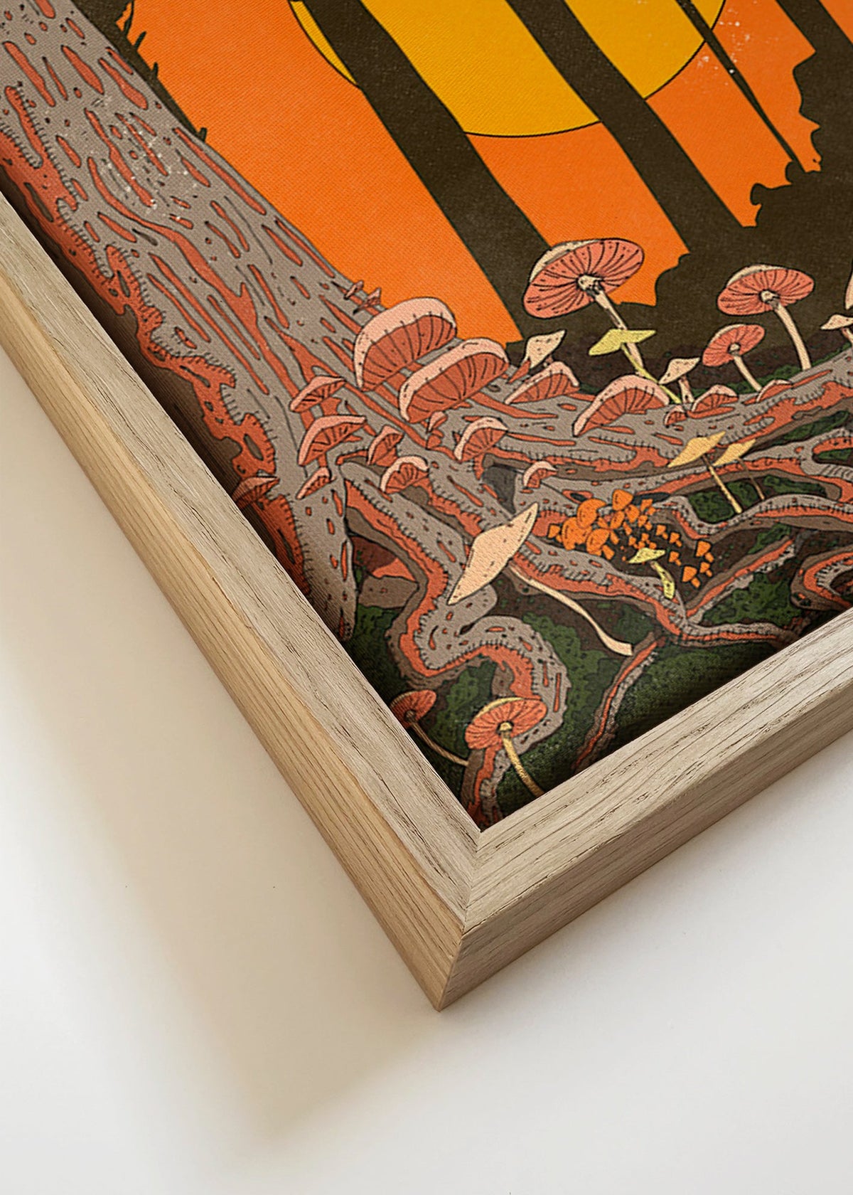 Ilustração floresta ao pôr do sol com cogumelos – Canvas detail