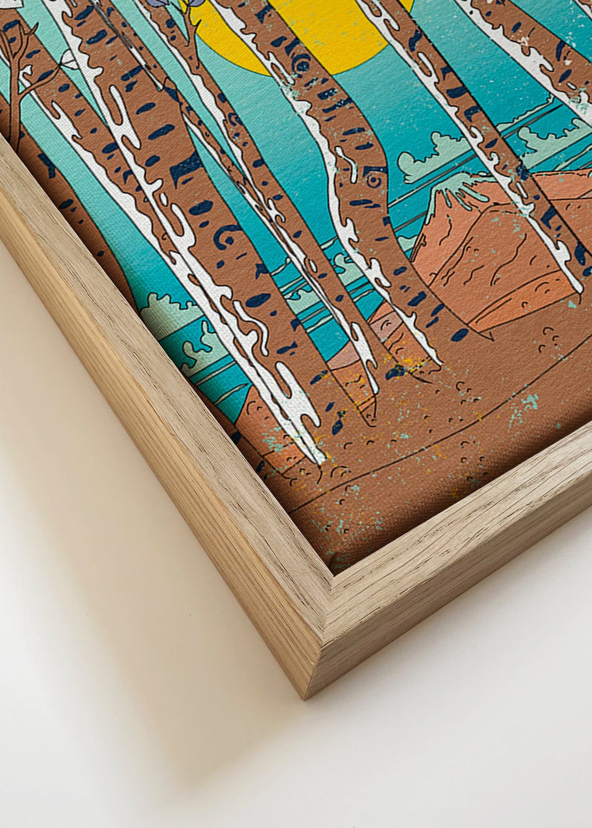 Arte paisagística com abetos japoneses e sol amarelo – Canvas detail