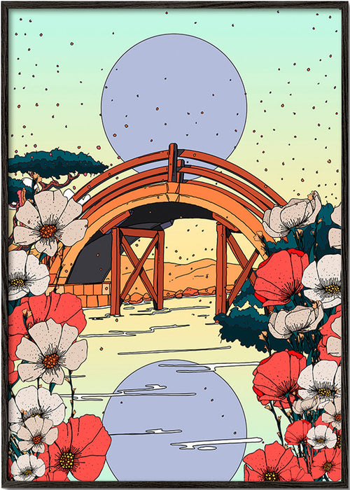 Paisagem japonesa com ponte arqueada e flores – Black Frame