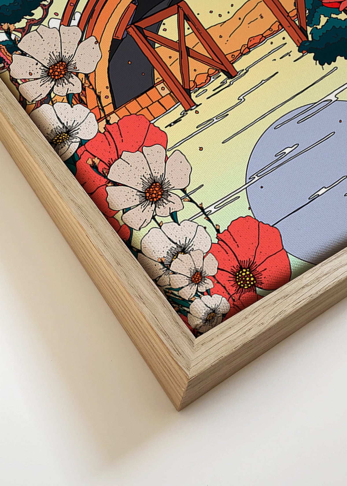 Paisagem japonesa com ponte arqueada e flores – Canvas detail