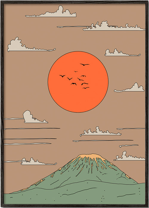 Ilustração japonesa com amanhecer e monte estilizado – Black Frame