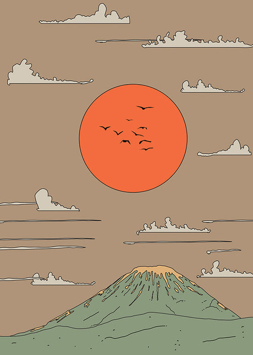 Ilustração japonesa com amanhecer e monte estilizado
